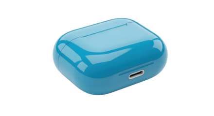 Bright blue wireless earbud charging case with U S B- C port on black background image, Isolated On Png Transparent Background