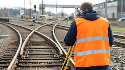 Railway surveyor in high-visibility vest operating total station on tracks, infrastructure project