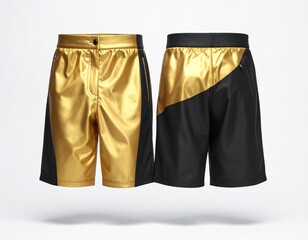 A pair of contemporary two-tone shorts, one in gold and black, the other in black and gold, are displayed on a white background.