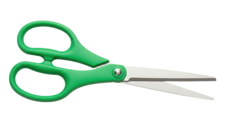 Bright green handled scissors with shiny metal blades on black tool, Isolated On Png Transparent Background
