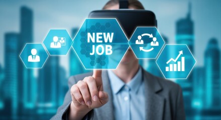 Virtual Reality Interface for Job Searching: Man Using VR Headset Finds New Career Online