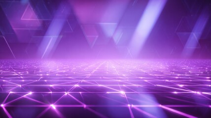Abstract Purple Grid Background with Geometric Shapes and Light Rays for Futuristic Technology Concepts