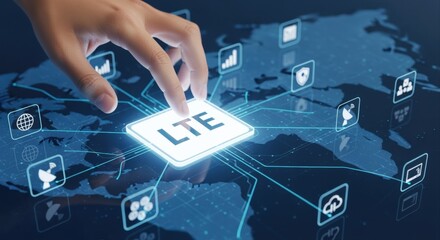 Person touching LTE button showcasing global network connectivity and modern communication technologies on digital world map