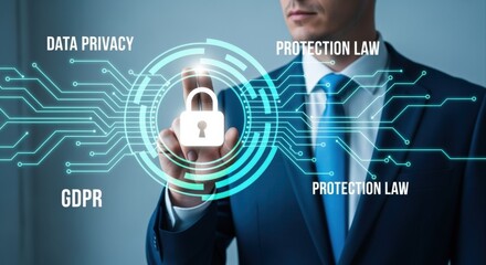 Data privacy concept. Businessman protecting digital information with cybersecurity. GDPR, personal information, digital security, data protection compliance, modern technology