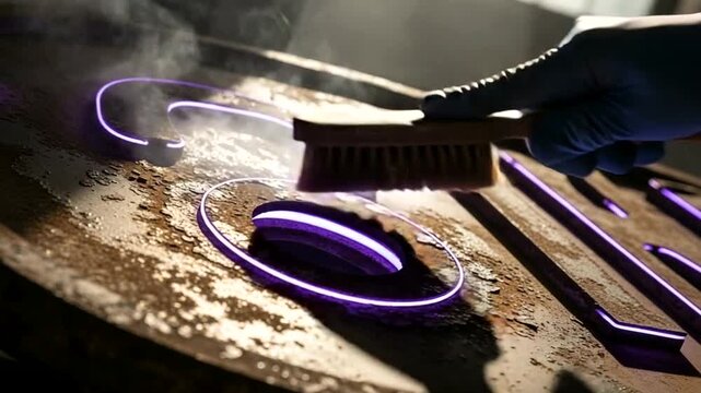 Cleaning a Vintage Metal Sign with Neon Glow Effects