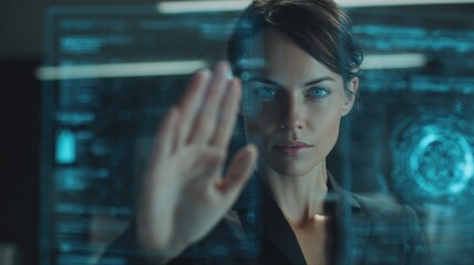 Futuristic Woman Interacting with Advanced Technology Interface in Dark Room, Illustrating Innovation and Connectivity