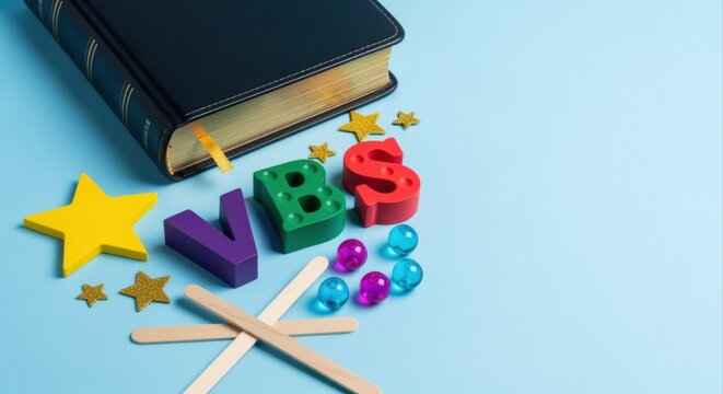 Bible Study and Vacation Bible School Concept with Colorful Wooden Letters and a Holy Book