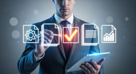 Digital Document Workflow Management: Businessman Managing Files and Automation with a Tablet and Digital Interface