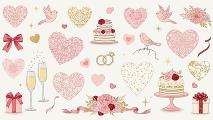 A collection of romantic wedding and celebration elements, including hearts, cakes, champagne, and flowers, in a soft, pastel color palette.