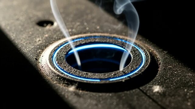 Close-up of a glowing circular vent with steam rising