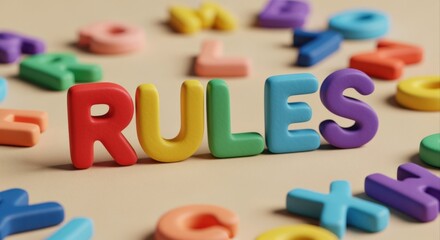 Fototapeta premium Colorful Letters Spelling 'Rules' on Beige Background, Representing Guidance, Regulations, and Order for Educational or Business Concepts