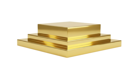 Three tiered golden podium on black background with reflections image, Isolated On Png Transparent Background