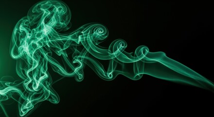 Fototapeta premium Emerald Smoke Abstract Floating on Black Background, creating a wispy, ethereal and dreamy effect.