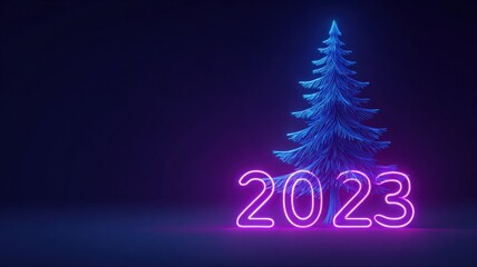 Glowing 2023 New Year Celebration with Neon Style Christmas Tree on Dark Background