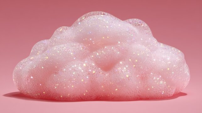 Shimmering pink foam cloud with glittering highlights floats against a simple pastel backdrop, offering a whimsical, dreamy visual perfect for beauty, kids, or wellness branding.