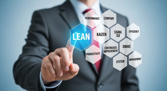 Businessman implementing lean management principles for operational excellence and business optimization through continuous improvement and strategic efficiency.