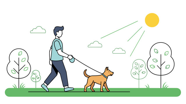 Man walking dog on leash in park on sunny day with trees