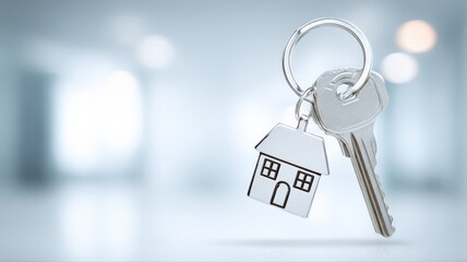House Key with House Shaped Keychain Against a Soft Focus Interior, Symbolizing Real Estate or Home Ownership