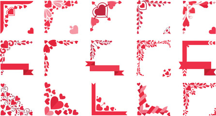 Valentine heart corner frames collection decorative romantic flat vector set on transparent background