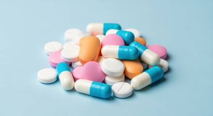 Assorted colorful pills and capsules on a blue background, symbolizing medication, treatment, and pharmaceutical products