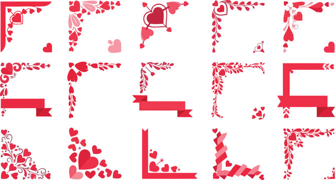 Valentine heart corner frames collection decorative romantic flat vector set on transparent background
