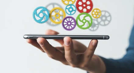 Mobile Technology Innovation: Hand Holding Smartphone with Gears for Digital Transformation and Technological Advancement