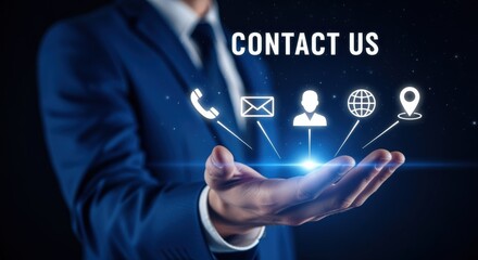 Contact Information Conceptual Image: Businessman Presenting Contact Options, Including Phone, Email, Location, and Social Media