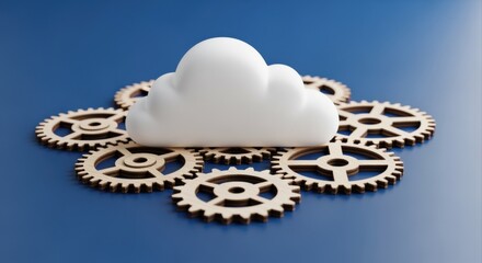 Cloud Computing Concept with Gears: Data Storage, Network Solutions, and Technological Infrastructure Visualization
