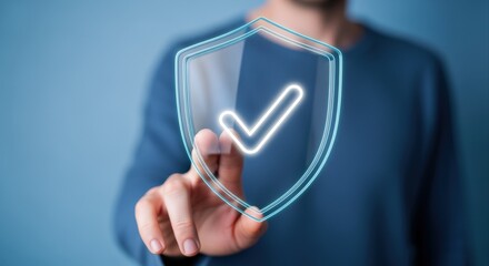 Digital Security Shield with Tick: Man Activating Online Protection and Data Safety Confirmation