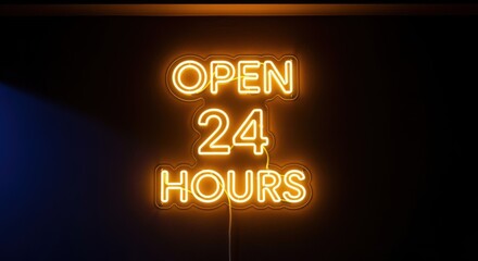 Neon Sign Displaying Open 24 Hours, Symbolic of Continuous Service Availability and Nighttime Business Operations