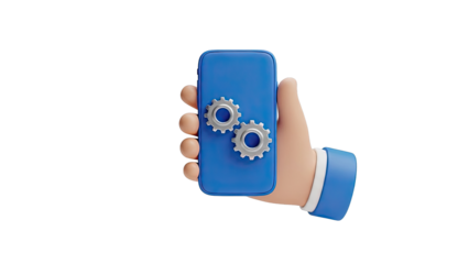 3D Hand Holding Blue Smartphone with Gears