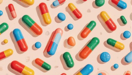 Colorful Pills and Capsules on a Light Background.