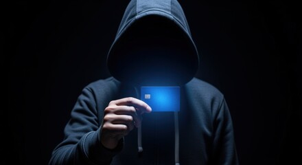 Anonymous hooded figure holding a blue credit card, representing financial cybercrime and digital security threats