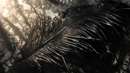 A bold black feather intertwining with patterned fabric creating a striking contrast.