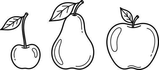Minimalist black and white line art vector illustration set of cherry pear and apple isolated on white background.