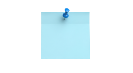 Blue pushpin securing a light blue paper note against a black background thumbtack tack, Isolated On Png Transparent Background