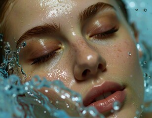 Beautiful Woman with Water Beads, Concept of Perfect Skin Hydration