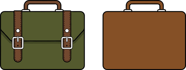 Professional green satchel and brown minimalist briefcase vector illustration set isolated on white background for business office icons.