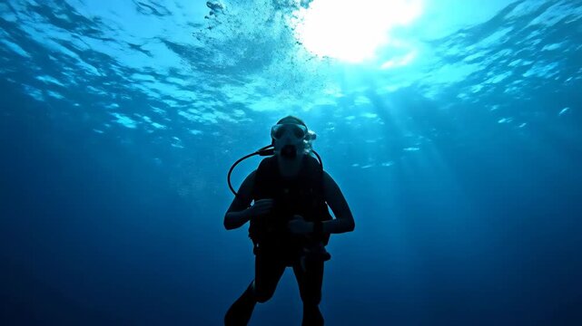 Scuba diver exploring ocean underwater sea.