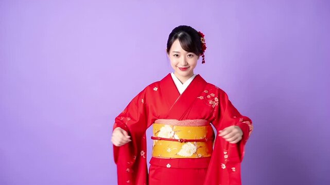 成人式を迎える日本人女性の振袖姿を写したフォトリアルな映像です。
鮮やかな赤の振袖と鶴模様が、人生の節目となる祝福の瞬間を象徴します。
淡いラベンダー背景と柔らかなスタジオ照明が上品な雰囲気を演出。