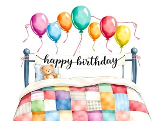 simple watercolor illustration of stylized cozy bed decorated with vibrant balloons, colorful streamers, and a plush teddy bear