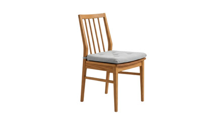 Wooden dining chair with light gray cushioned seat and slatted back furniture, Isolated On Png Transparent Background