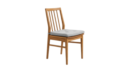 Wooden dining chair with light gray cushioned seat and slatted back furniture, Isolated On Png Transparent Background