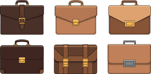 Professional set of executive leather briefcase icons featuring various business bags with metal buckles and stitching for career and office design.