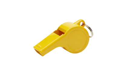 Bright yellow plastic whistle with metal keyring on black background object tool, Isolated On Png Transparent Background