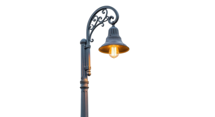 Ornate vintage street lamp with glowing Edison bulb against black light, Isolated On Png Transparent Background