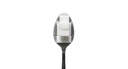 Stacked white sugar cubes on a clear plastic spoon against black background image, Isolated On Png Transparent Background