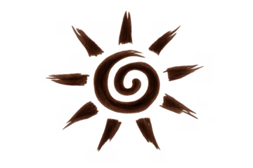 Tribal sun symbol with abstract spiral center and radiating brush strokes on transparent background