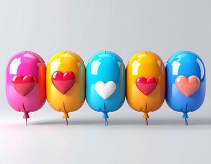 A colorful balloon display with heart accents. The playful and vibrant colors evoke a sense of joy, perfect for celebrations. 129 characters