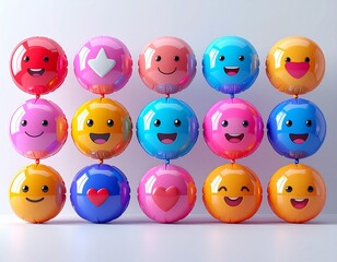 A collection of colorful emoji-like balloons, arranged in a neat grid, each sporting a unique, cheerful facial expression or design element.